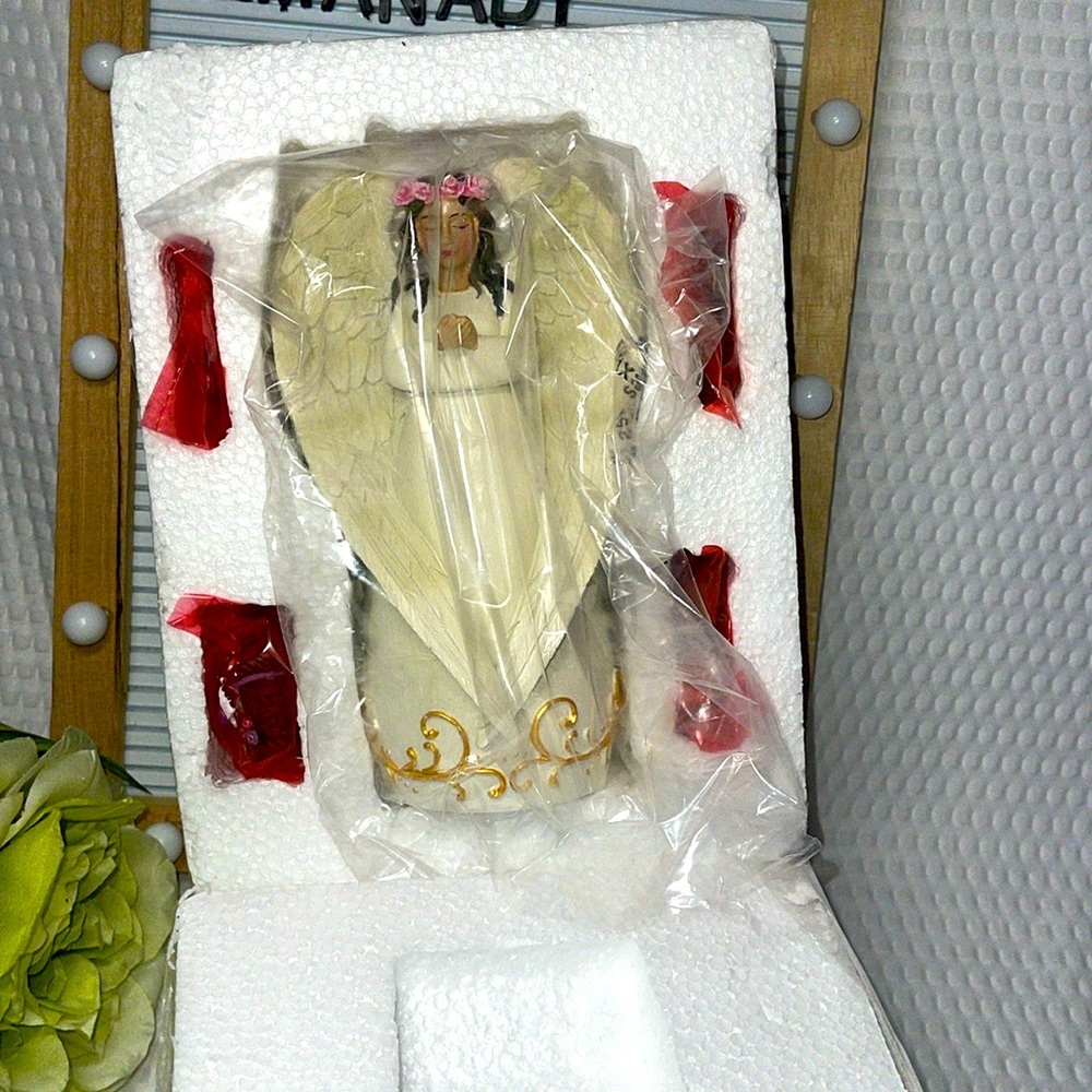 Vintage Holiday Angel Figurine – Wooden Christmas Angel with Wreath & Basket